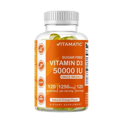 [BRSRAZIDCAPRSADF] Vitamatic Sugar Free Vitamin D3 50,000 IU Weekly Supplement - 120 Pectin Based Gummies - Vitamin D Capsules for Bones, Teeth, and Immune Support (50000 IU)
