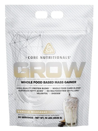 [BRSROHYDPIBBUHT3] Core Nutritionals Grow Mass Gainer | Whole Food Carb Blend + Protein Blend | Maltodextrin Free | 880 Calories, 50g Protein | 10 Pound (Vanilla Milkshake)