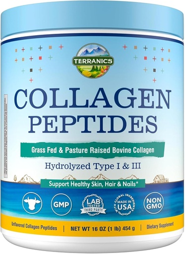 [BRSROFI3AF7A4DLJ] Terranics Hydrolyzed Collagen Peptides Powder, Grass Fed & Pasture Raised Bovine, Type I & III Collagen for Women, No Sugar, No Hormones, Keto, Beauty Support, Easy Mixing, Unflavored, 16oz