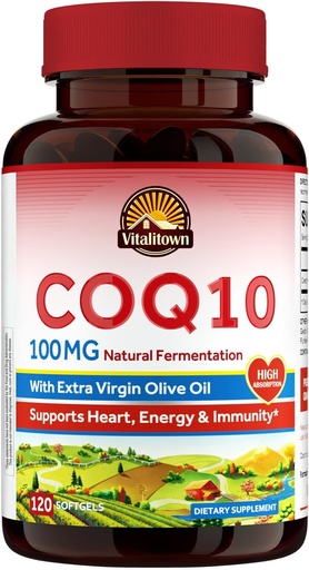 [BRSRAGIBOQBQE33F] Vitalitown CoQ10 100mg, with Extra Virgin Olive Oil, Maximum Absorption, Coenzyme Q10 Supplement, No Gluten, Non-GMO, for Antioxidant & Heart Health Support, 120 Softgels