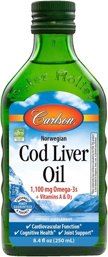 [BRSWIYILOAMWAFTY] Carlson Cod Liver Oil, Norveç, Doğal, 1,100 mg Omega-3s, 250 mL