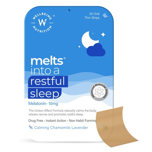 [BRSW2ZYCCIPW22TB] Wellbeing Nutrition Melts Restful Sleep Aid | Plant-Based Melatonin 10mg for Better Sleep with Chamomile, Tagara, L-Theanine | Non-Addictive Sleep-Aid, Safe, Natural, 30 Oral Strips