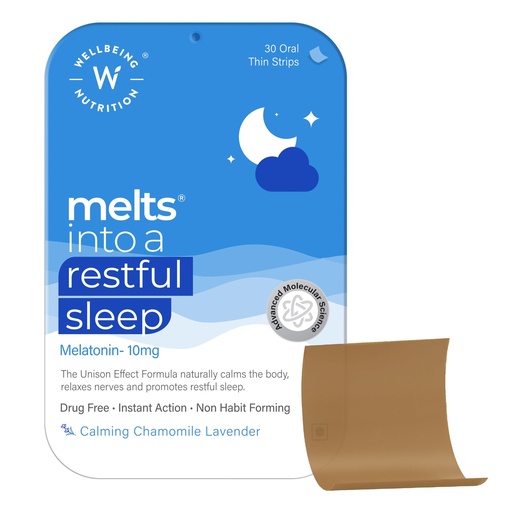 [BRSW2ZYCCIPW22TB] Wellbeing Nutrition Melts Restful Sleep Aid | Plant-Based Melatonin 10mg for Better Sleep with Chamomile, Tagara, L-Theanine | Non-Addictive Sleep-Aid, Safe, Natural, 30 Oral Strips