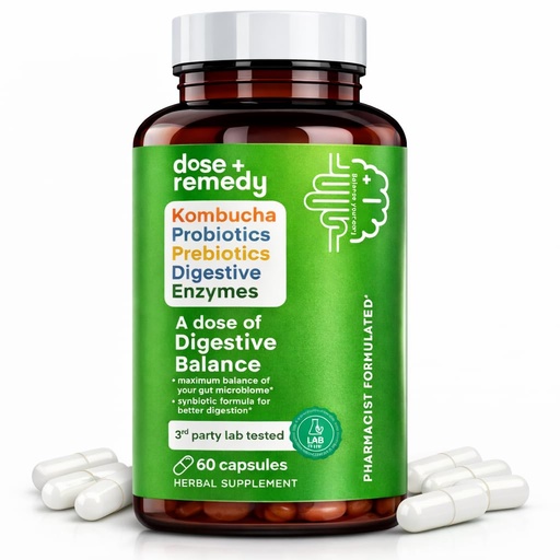 [BRSRMAIYAB6WY33B] A dose of Digestive Balance-Gut Health Supplement-USDA-Kombucha, 7 Probiotic Strains and Prebiotics for Microbiome-Digestive Enzymes for Digestion-Bloating Relief for Women and Men (60 Count)