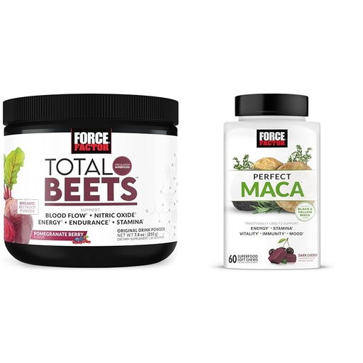 [BRSRAYYYBAJWMDI4] Force Factor Total Beets Nitric Oxide Powder and Perfect Maca Root Chews Energy, Mood and Balance Supplement Bundle