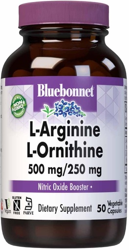 [BRSWIYQZBQOAI2DM] Bluebonnet Nutrition L-Arginine 500mg/L-Orinithine 250mg, Supports Protein Metabolism*, Soy-Free, Gluten-Free, Non-GMO, Kosher Certified, Vegan, 50 cápsulas vegetales, 50 piezas de servicio