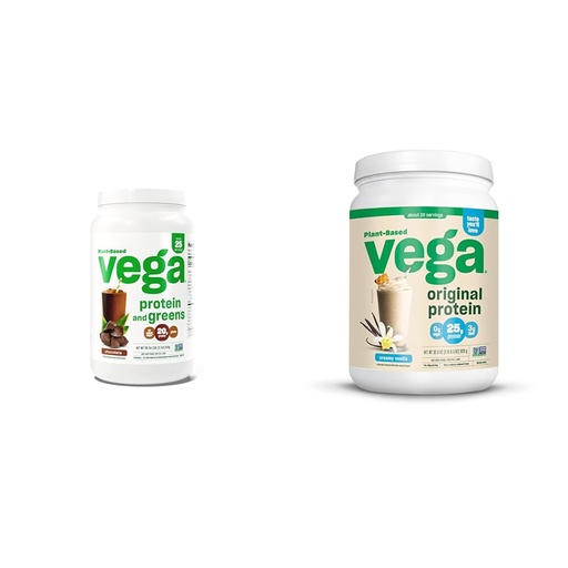 [BRSROAINOEHGMHTB] Vega Protein and Greens Protein Powder, Chocolate & Original Protein Powder, Creamy Vanilla Plant Based Protein Drink Mix for Water, Milk and Smoothies, 32.5 oz