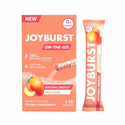 [BRSRMC32BYCBOCIY] JOYBURST Energy Drink Mix, Natural Coffein (200mg) for Sustained, Jitter Free Energy, On- The- Go Natural Energy Drink Powder, Sugar Free - 16 x 4g Energy Sticks (Peach Mango)