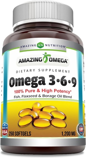 [BRSWECQDO56BE3DZ] Amazing Omega 3.6.9 Supplement | 1200 Mg Per Serving | 250 Softgels | Unflavored | Non-GMO | Gluten-Free | Made in USA