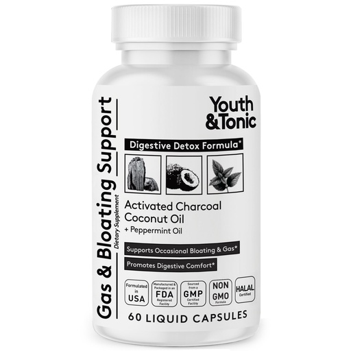[BRSWY233BYBWKAYV] Youth & Tonic 3-in-1 Liquid Activated Charcoal Pills + 1200mg Organic Coconut Oil & Peppermint Oil, Stomach & Digestive Detox & Gut Cleanse Support for Occasional Bloating & Gas - 60 Liquid Capsules
