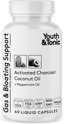 [BRSWY233BYBWKAYV] Youth & Tonic Activated Charcoal Pills for Bloating and Gas Relief to Soothe The Stomach and Digestive System Detox with Peppermint & Organic Coconut Oil, for Men & Women - 60 Liquid Capsules