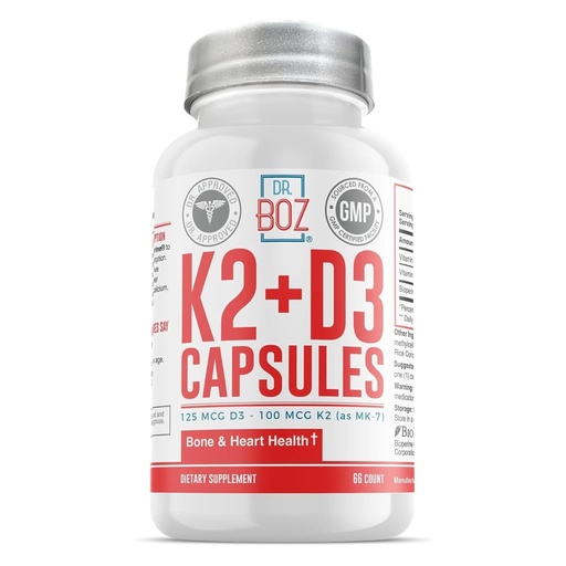 [BRSWGGT6OYNBUHLH] Dr. Boz - K2+D3 Capsules, 66 Servings - Vitamin D3 K2 Supplement with BioPerine - Bone & Heart Health - Enhanced Absorption - Quality Tested - Made in the USA - 5000iu (D3) - 4000iu (K2) - Self Care