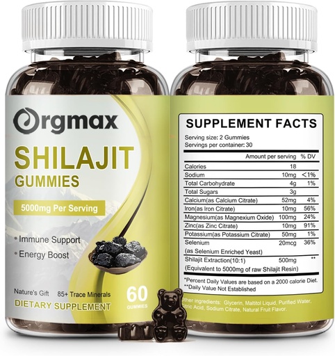 [BRSROAQNCF7QKYLA] Shilajit Pure Himalayan Organic Shilajit Gummies, 5000MG Shilajit Priedas vyrams ir moterims su 85 + Sekti mineralus & Fulvic Acid, Parama Focus, Energija & Imuninis, Non-GMO ® 124; 60 Skaičiavimas, 2 Pakuotės