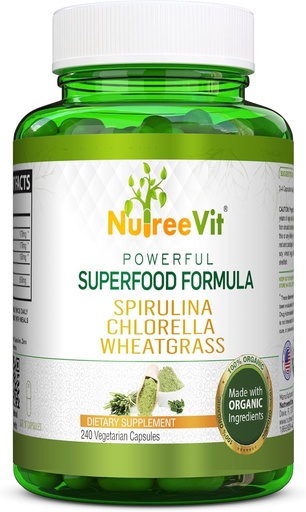 [BRSWKHT3CYPR2GTY] NutreeVit Pure 100% Organic Spirulina + Chlorella + Wheatgrass - Powerful Superfood - Veggie Capsules | 500mg