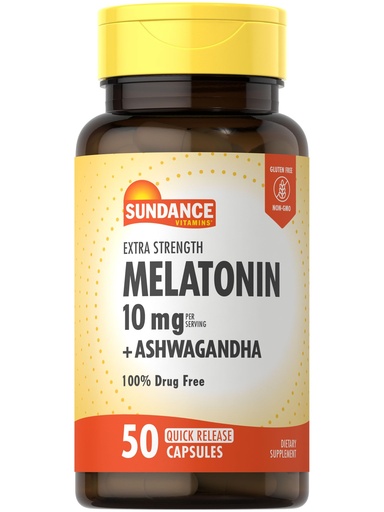 [BRSRAHAHAUBQ2YLH] Sundance Melatonin 10mg with Ashwagandha | 50 Capsules | Extra Strength | Non-GMO & Gluten Free Supplement