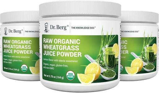 [BRSWGEAQOJ6Q4HQ7] Dr. Berg's Raw Wheatgrass Juice Powder (60 Servings) - USDA Certified Organic Wheatgrass Powder w/ Chlorophyll, Trace Minerals & Natural Enzymes - Ultra-Concentrated - Lemon Flavor w/ Stevia 3 Pack