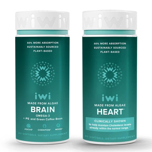 [BRSRAYIDBMIA4E3Z] Iwi Life Brain & Heart Omega-3 Bundle, 30 Servings, Vegan Plant-Based Algae Omega 3, Krill & Fish Oil Alternative, No Fishy Aftertaste
