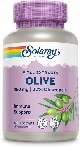 [BRSWIYQHOQGBO3LY] SOLARAY Olive 250mg - Olive Blatt Extrakt Kapseln mit 22% Oleuropein, Plus Zitronenbalsam - Polyphenole Ergänzung für Wellness-Unterstützung - Vegan, 60-Tage Garantie, Lab Verified - 120 Servietten, 120 VegCaps