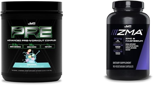 [BRSRAYYYBEBRAC3L] PRE JYM X - Shockwave Pre Workout Powder & JYM ZMA Zinc/Magnesium Capsules Supplement - Zinc, Magnesium and Vitamin B6 | 90 Vegetarian Capsules