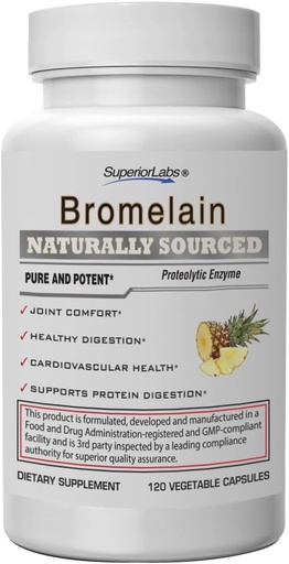 [BRSWKH3YBJ7BUADB] Superior Labs Bromelain 500mg – 2400 GDU/Gram Non-GMO Pineapple Enzyme, Plant-Based Digestive Support, Promotes Joint Comfort & Tissue Health – 120 Veg Caps