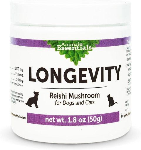 [BRSROA36AAMB623H] Animal Essentials LONGEVITY Reishi Mushroom Supplemento per cani e gatti - Funzione sana cardiovascolare e fegato, Supporta la salute a lungo termine, Estratto di polvere di funghi, Antiossidante - 1.8 Oz (Pack of 1)