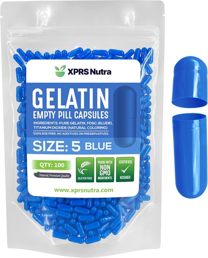 [BRSWYAL6PMPGYD3P] XPRS Nutra Size 5 Empty Capsules - 100 Count Very Small Empty Gelatin Capsules - Pills DIY Capsule Filling - Fillable Pill Gel Caps for Do-It-Yourself Vitamin Supplements (Blue)