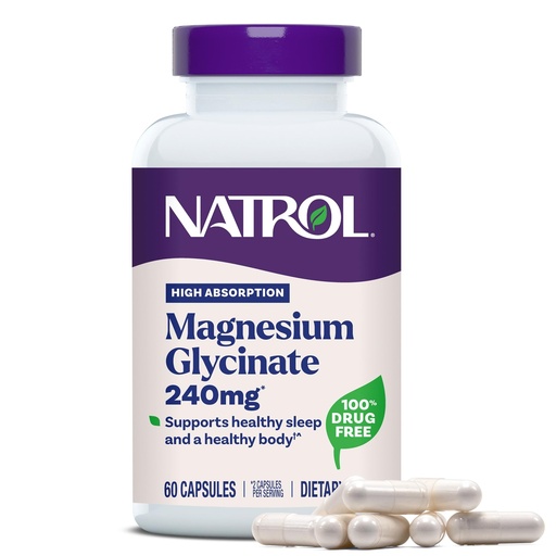 [BRSRAFIQDEHBSHLO] Natrol Magnesium Glycinate Supplements 240 mg - High Absorption - Calm Magnesium Glycinate for Sleep - 60 Capsules, 30 Day Supply