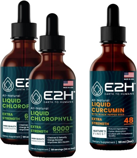 [BRSROHQKOBYWMF35] E2H: Chlorophyll Liquid Drops (2 Pack - 4 Fl Oz) and Liquid Turmeric Curcumin (Single Bottle - 2 Fl Oz) | Vegan, Non-GMO - (6 Fl Oz Total) - Bundle