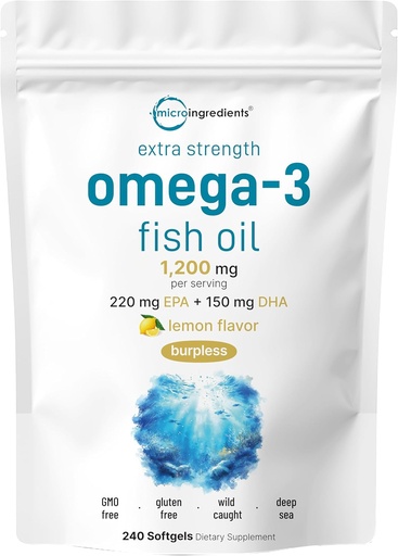 [BRSRAFI3BUFGKD32] Micro Ingredientes Extra Strength Omega 3 Fish Oil Suplementos 1,200mg Por Serving, 240 Softgels TEN Lemon Flavored ANTE Burpless ANTE Essential Fatty Acids ← EPA 220mg + DHA 150mg ← Deep Sea Fish Fish Fish