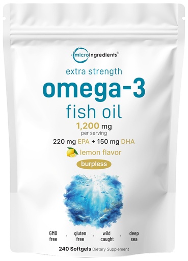 [BRSRAFI3BUFGKD32] Micro Ingredients Extra Strength Omega 3 Fish Oil Supplements 1,200mg Per Serving, 240 Softgels | Lemon Flavored | Burpless | Essential Fatty Acids | EPA 220mg + DHA 150mg | Deep Sea Fish