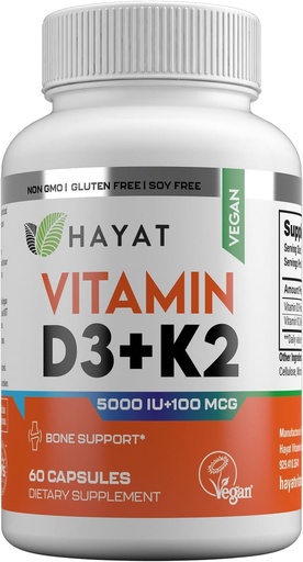 [BRSW2YI7CUCA2DYU] HAYAT ויטמינים טבעוניים ויטמין D3+K2 (5000 IU + 100 MCG), תוספת תזונתית עבור העצם, שיניים, שריר ותמיכה בריאות החיסון, 2 חודשים , HAL, 60 קפסולות, המיוצר בארה"ב