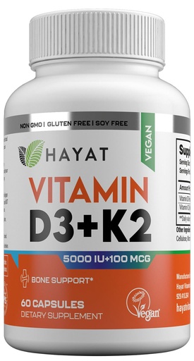 [BRSW2YI7CUCA2DYU] HAYAT Vitamins Vegan Vitamin D3+K2 (5000 IU + 100 MCG), Dietary Supplement for Bone, Teeth, Muscle and Immune Health Support, 2 Month Supply, Certified Halal, 60 Capsules, Made in The USA