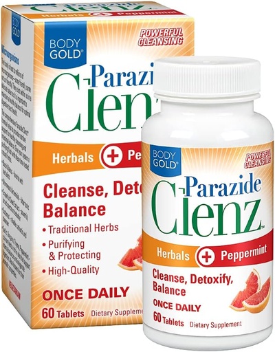 [BRSW2ZD5BF6AYGT7] Body Gold Parazide Clenz Herbals & Peppermint | Intestinal Cleanse & Detox w / Black Walnut & More | 30 Serv, 60 tabletter