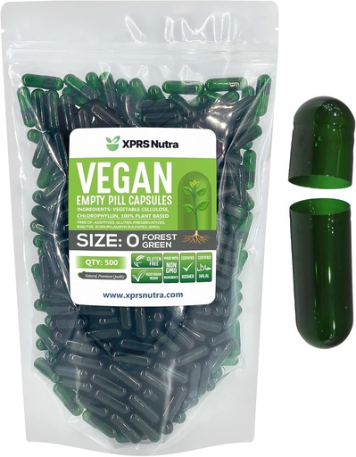 [BRSWYCYKCQHGO2A2] XPRS Nutra Size 0 Empty Capsules - 500 Count Empty Vegan Capsules - Vegetarian Pills - DIY Vegetable Capsule Filling - Veggie Pill Caps for Do-It-Yourself Supplements (Forest Green)