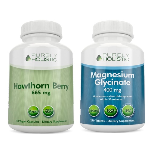 [BRSROZAYBAPQK23P] Purely Holistic Hawthorn Berry 665mg + Magnesium Glycinate 400mg + 150 Capsules & 270 Tablets - Vegan Bundle - Made in The USA