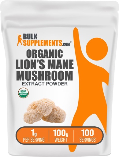 [BRSWY2YRBUFWMHT6] BulkSupplements.com Organic Lion's Mane Mushroom Extract Powder - Lions Mane Supplement Powder, Superfood for Well-Being - Vegan, 1g per Serving, 100g (3.5 oz) (Pack of 1)