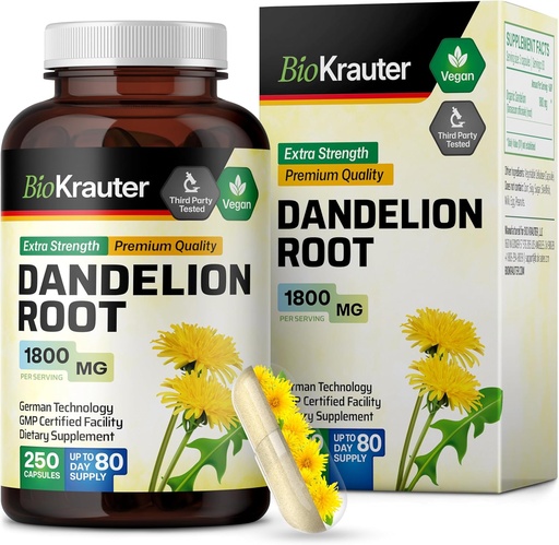 [BRSWGBD6OJYAMDLF] BIO KRAUTER Kořen Doplněk k Dandelionu - 1800 mg Síla - 250 Počet - Kořenová kapsle - Veganské kapsle pro podporu jater a imunitu