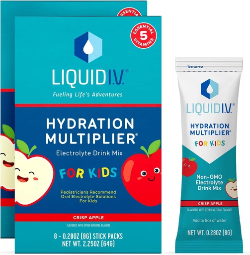 [BRSROFANA4MAG2DH] 액체 I.V.® Hydration Multiplier® +Kids - Crisp Red Apple | Electrolyte Powder Drink Mix | 2 팩 (16 인분)