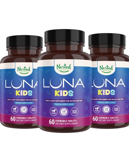 [BRSROCADPMPQEDQ2] Nested Naturals Luna Kids Sleep Supplement - for Children & Melatonin Sensitive Adults - Gentle Herbal Supplement with Chamomile, Melatonin, & Valerian - 180 Chewable Tablets (60 Per Bottle)