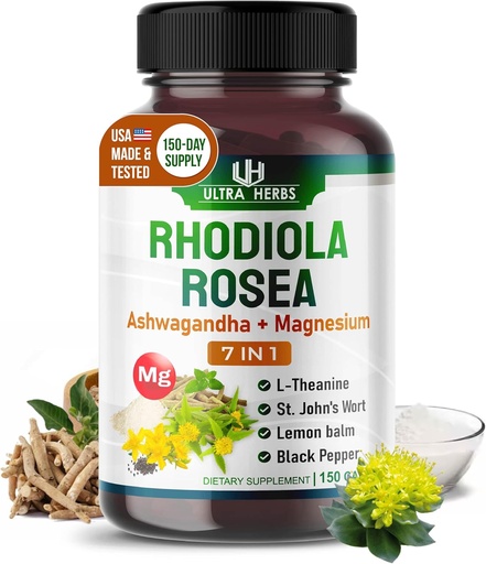 [BRSROGD5CJ5Q2CIU] Rhodiola Rosea Supplement Enriched with Ashwagandha, Magnesium, L-Theanine, St. John's Wort, Lemon Balm - Support Mood, Sleeps Quality, and Mental Focus | 150 Capsules