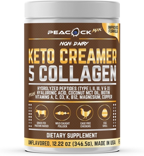 [BRSRMAI2AEMAMELJ] Collagen Keto Coffee Creamer Powder 12.2 oz - Hydrolyzed Collagen Peptider med kokos MCT Oil, B12, Magnesium, Unflavored Protein Powder, Sugar Free Coffee Creamer til smoothies & Baging