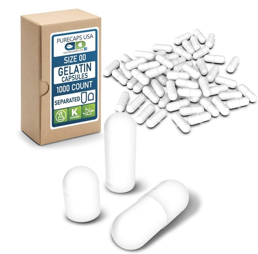 [BRSWGAA5OIORE2QU] PureCaps USA - Empty Gelatin Capsules Storlek 00| 1000 Separerade piller | Vit | Icke-GMO-certifierad | SLS, Gluten, Konserveringsfri