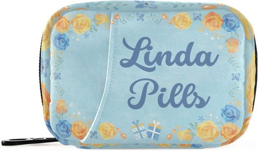 [BRSRMZINOYHRYCIZ] Custom Pill Box 7 Day Pill Case Bag Blue Yellow Flower Personalizēts nosaukums Travel Pill Organizators Bag ar zipper Portatīvais Weekly Case Kompakts izmērs Vitamīnu piedevas turētājam