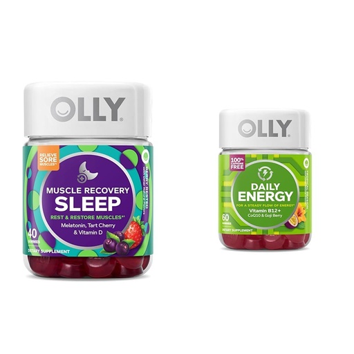 [BRSROBQEBB5B4AA2] OLLY Muscle Recovery Sleep Gummies, Sleep and Sore Muscle Support, 3mg Melatonin, Tart Cherry & Daily Energy Gummy, Caffeine Free, Vitamin B12, CoQ10, Goji Berry, Adult Chewable Supplement
