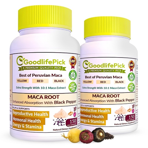 [BRSROHAHDEBQOGY7] Peruvian Maca Root Capsules with Black Pepper 150 ct. Premium Yellow Red & Black Red Powerful Extract of All Type Maca Root All Natural Non-GMO Vegan NO Rice Powder NO Stearate NO Silicon (Pack of 2)