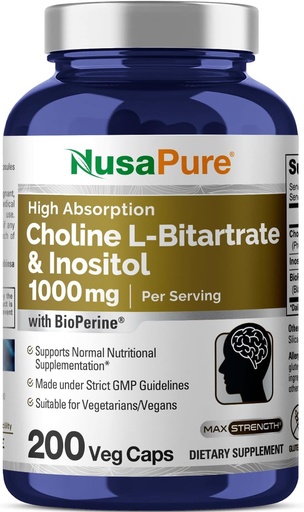 [BRSWGGQRCFYQO33B] NusaPure Choline " Inositol 1000mg - 200 Veggie Caps (100% Vegetariano, No GMO) Bioperina