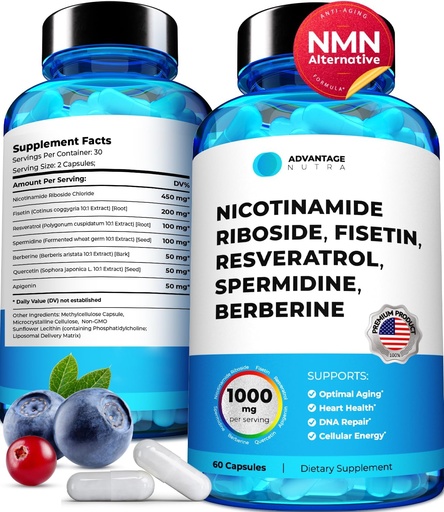 [BRSROAQ3CQIQOG33] Liposomal Nicotinamide Riboside NR Supplement Resveratrol NAD : Nicotinamide 500mg w/Fisetin, Resveratrol Powder Spermidine Berberine NAD Resveratrol Supplement 500 mg - 60 caps 1 Pack