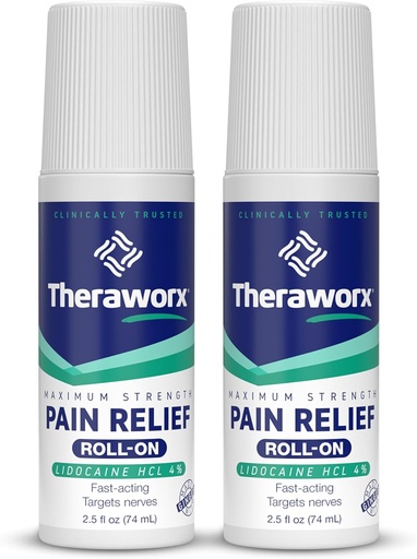 [BRSRAYI2DJ7GYFIV] Theraworx Maximum Strength Pain Relief Roll-On with Lidocaine, Fast-Acting - 2.5 Oz - 2 Count