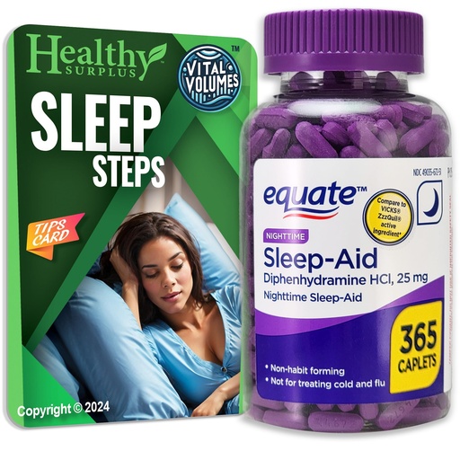 [BRSROAD7DN5GYD37] Equate Sleep-Aid Diphenhydramine HCI 25 mg 365 Caplets and Vital Volumes Sleep Steps Tips Card