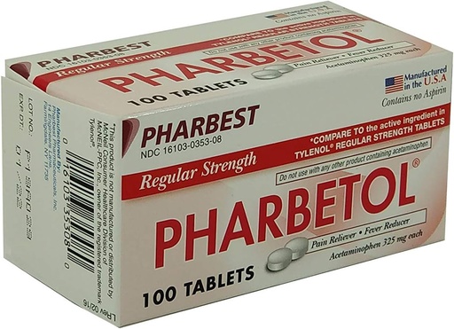 [BRSWGYYHAEFAAYLU] Pharbetol Acetaminophen 325mg Regular Strength, Pain Reliever, Fever Reducer Tablets,100 Count (Pack of 1)